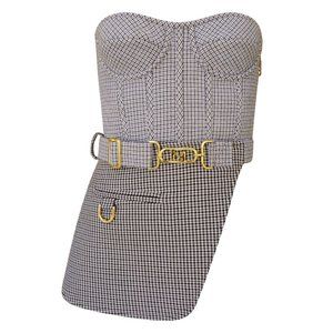 AW 2022 Strapless Houndstooth Bustier with Gold Logo Details